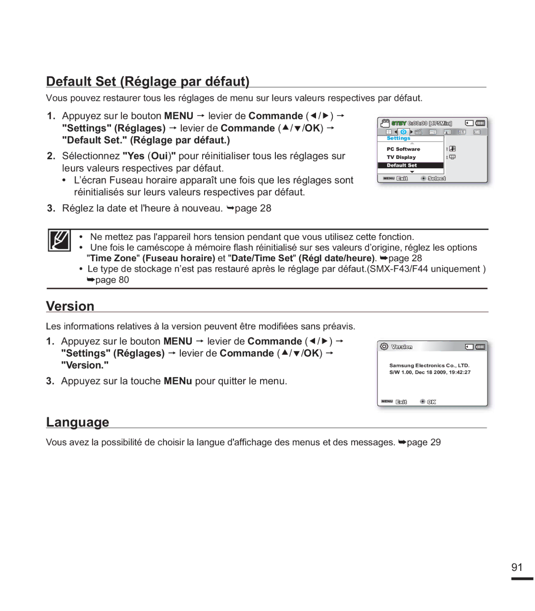 Samsung SMX-F44SP/EDC, SMX-F40SP/EDC, SMX-F400BP/EDC, SMX-K40SP/EDC manual Default Set Réglage par défaut, Version, Language 