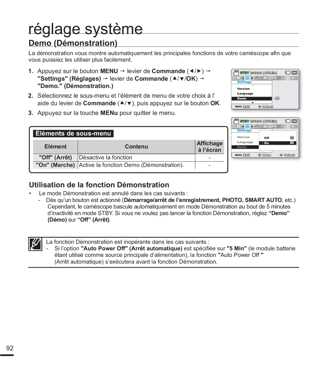Samsung SMX-F44BP/EDC, SMX-F40SP/EDC, SMX-F400BP/EDC manual Demo Démonstration, Utilisation de la fonction Démonstration 