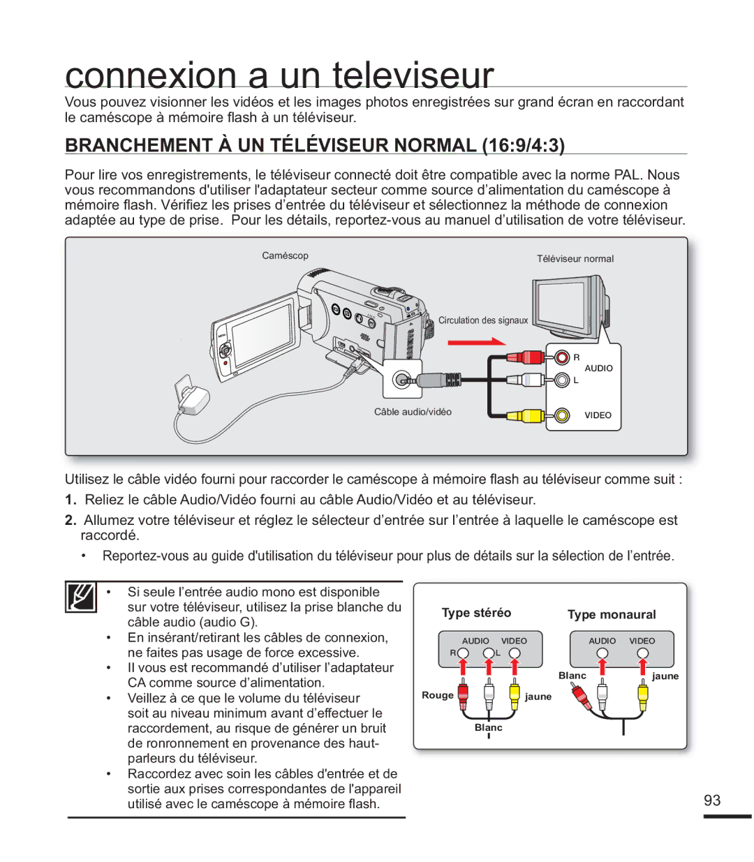 Samsung SMX-F44BP/MEA manual Branchement À UN Téléviseur Normal 169/43, Type monaural, $FrpphVrxufhG¶Dolphqwdwlrq 