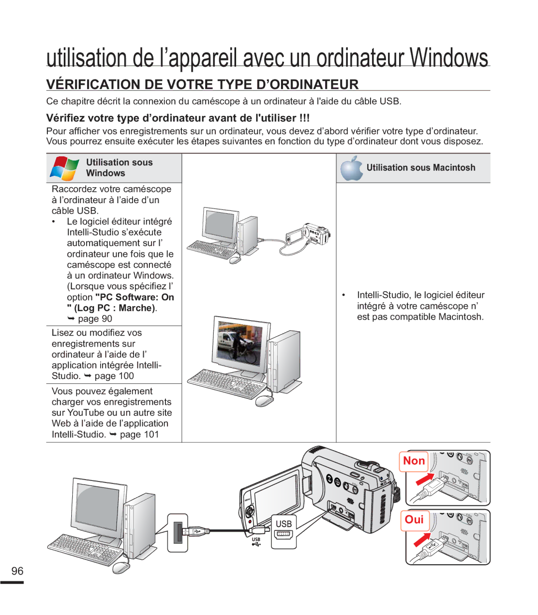 Samsung SMX-K40BP/EDC manual Vérification DE Votre Type D’ORDINATEUR, Utilisation sous, Windows, Option PC Software On 