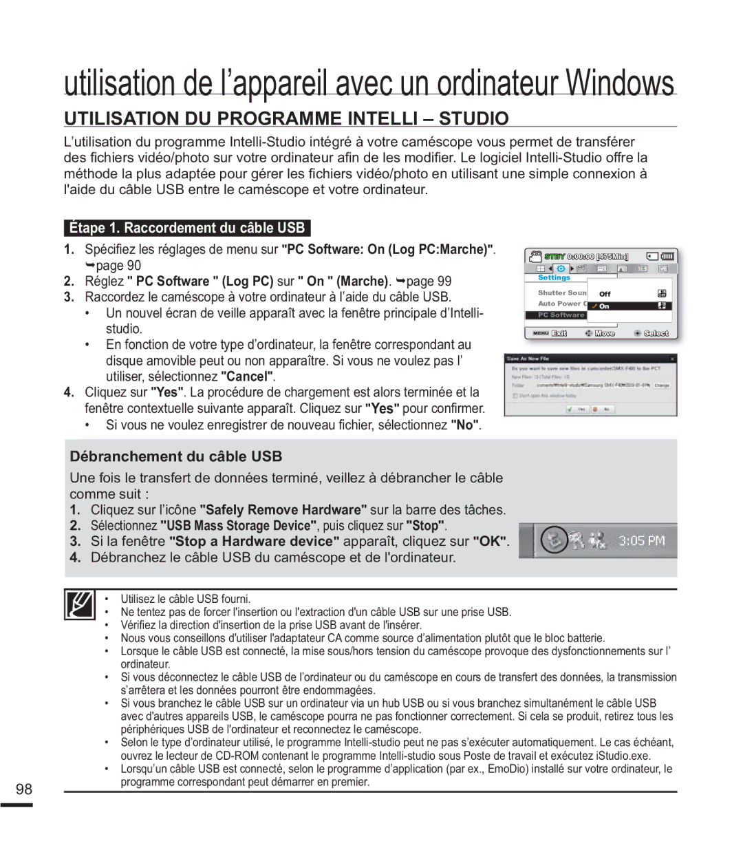 Samsung SMX-F40SP/EDC, SMX-F400BP/EDC manual Utilisation DU Programme Intelli Studio, Étape 1. Raccordement du câble USB 