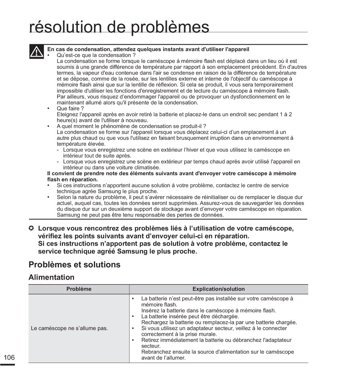 Samsung SMX-F40RP/EDC, SMX-F40SP/EDC Problèmes et solutions, Alimentation, Que faire ?, Problème Explication/solution,  