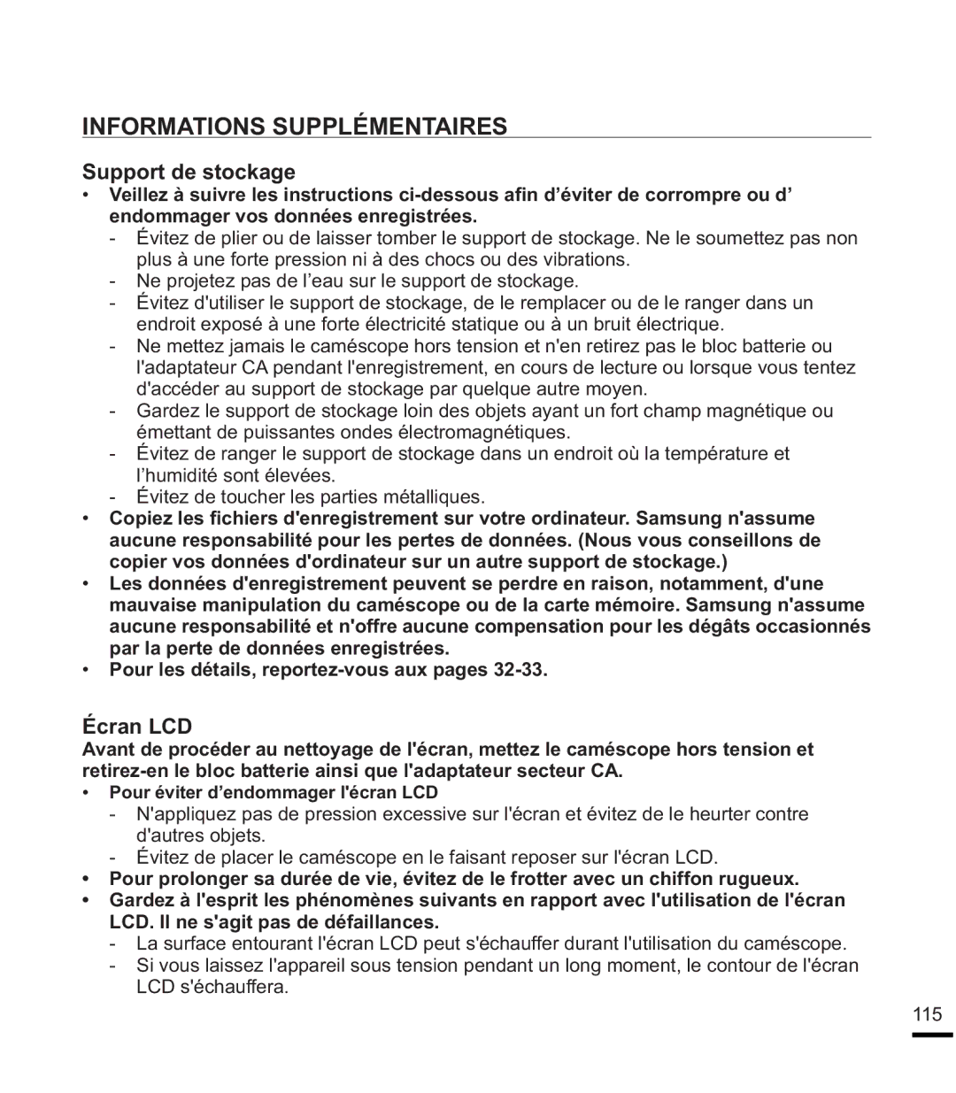 Samsung SMX-F44SP/EDC, SMX-F40SP/EDC manual Informations Supplémentaires, Écran LCD, Pour éviter d’endommager lécran LCD 