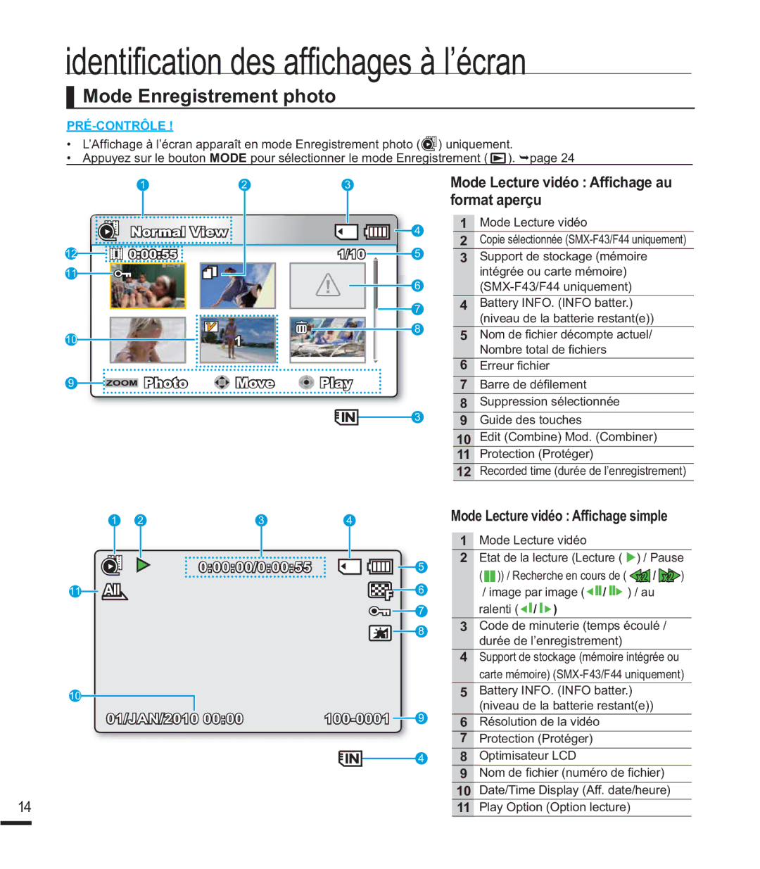 Samsung SMX-F40SP/EDC, SMX-F400BP/EDC manual Mode Enregistrement photo, Mode Lecture vidéo AI¿FKDJHDX format aperçu 