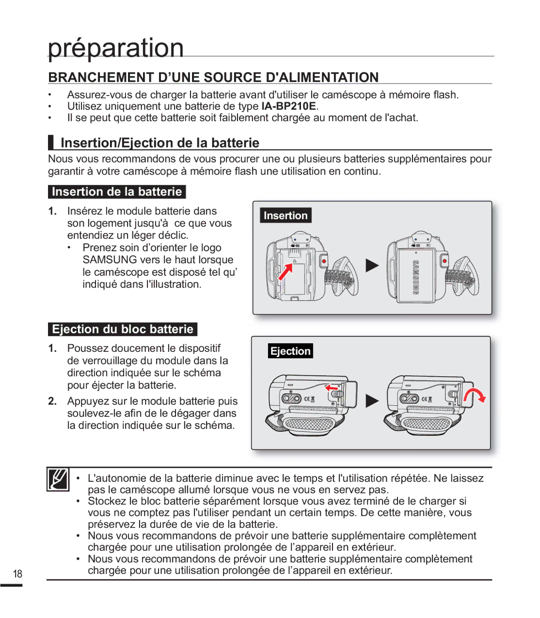 Samsung SMX-F400RP/EDC, SMX-F40SP/EDC manual Branchement D’UNE Source Dalimentation, Insertion/Ejection de la batterie 