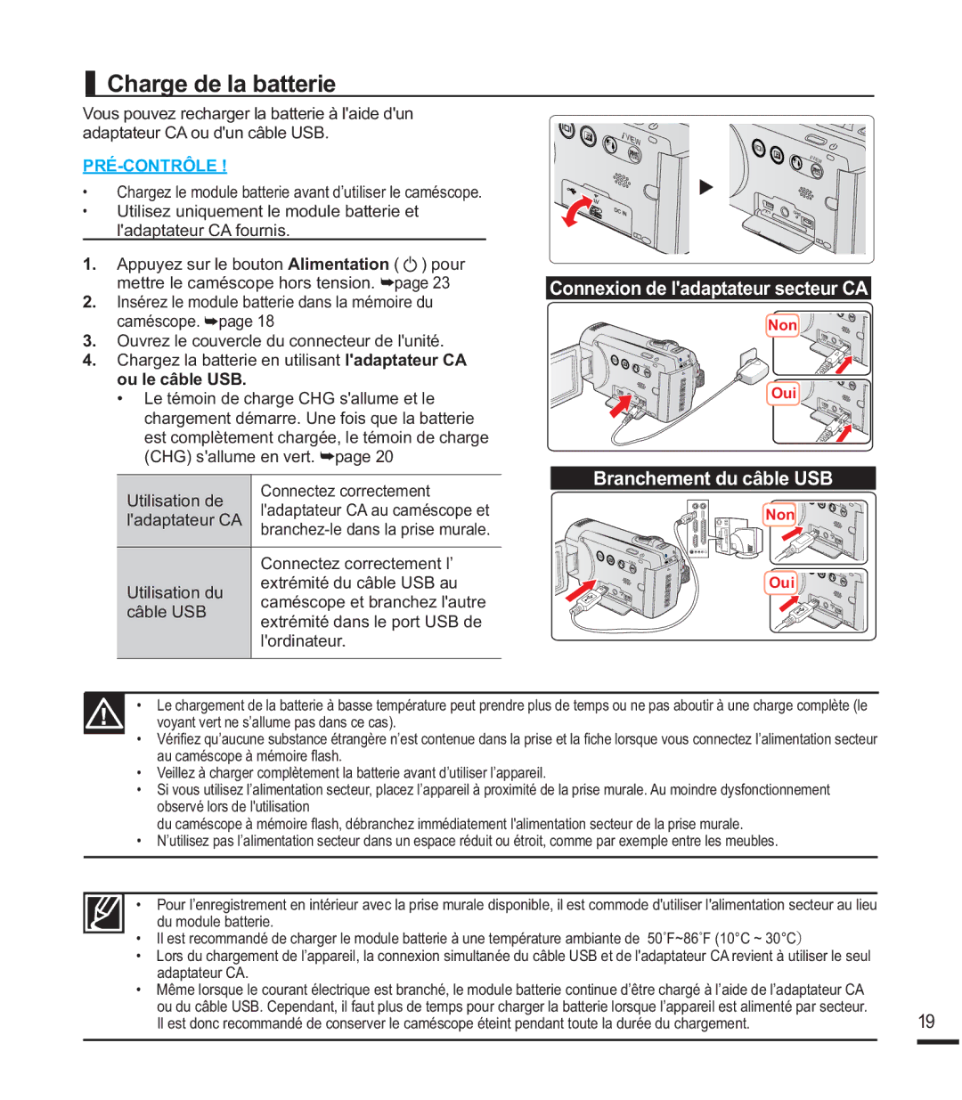 Samsung SMX-F44SP/EDC Charge de la batterie, Connexion de ladaptateur secteur CA, Branchement du câble USB, Ruglqdwhxu 