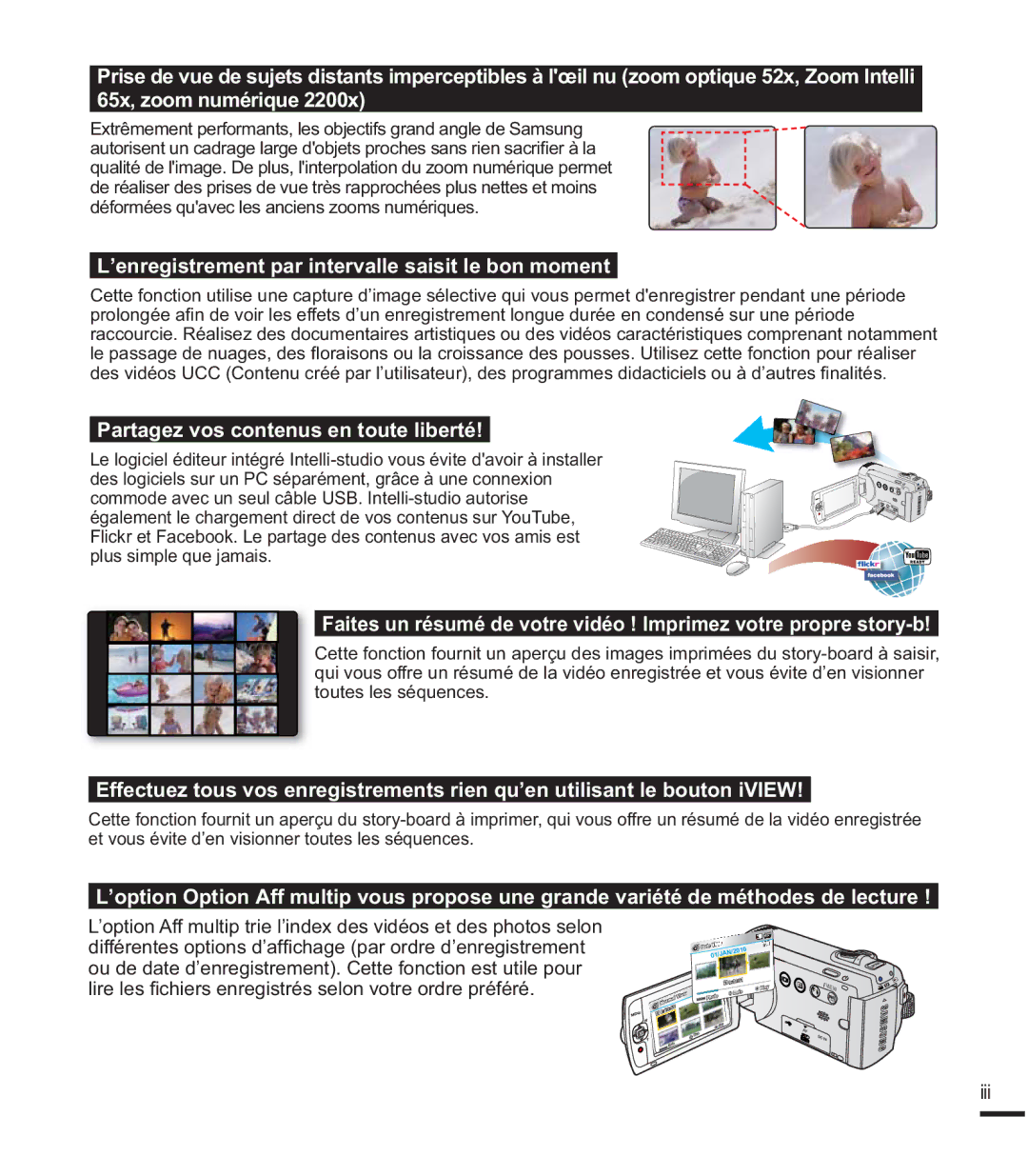 Samsung SMX-F40LP/EDC, SMX-F40SP/EDC manual 65x, zoom numérique, ’enregistrement par intervalle saisit le bon moment, Iii 