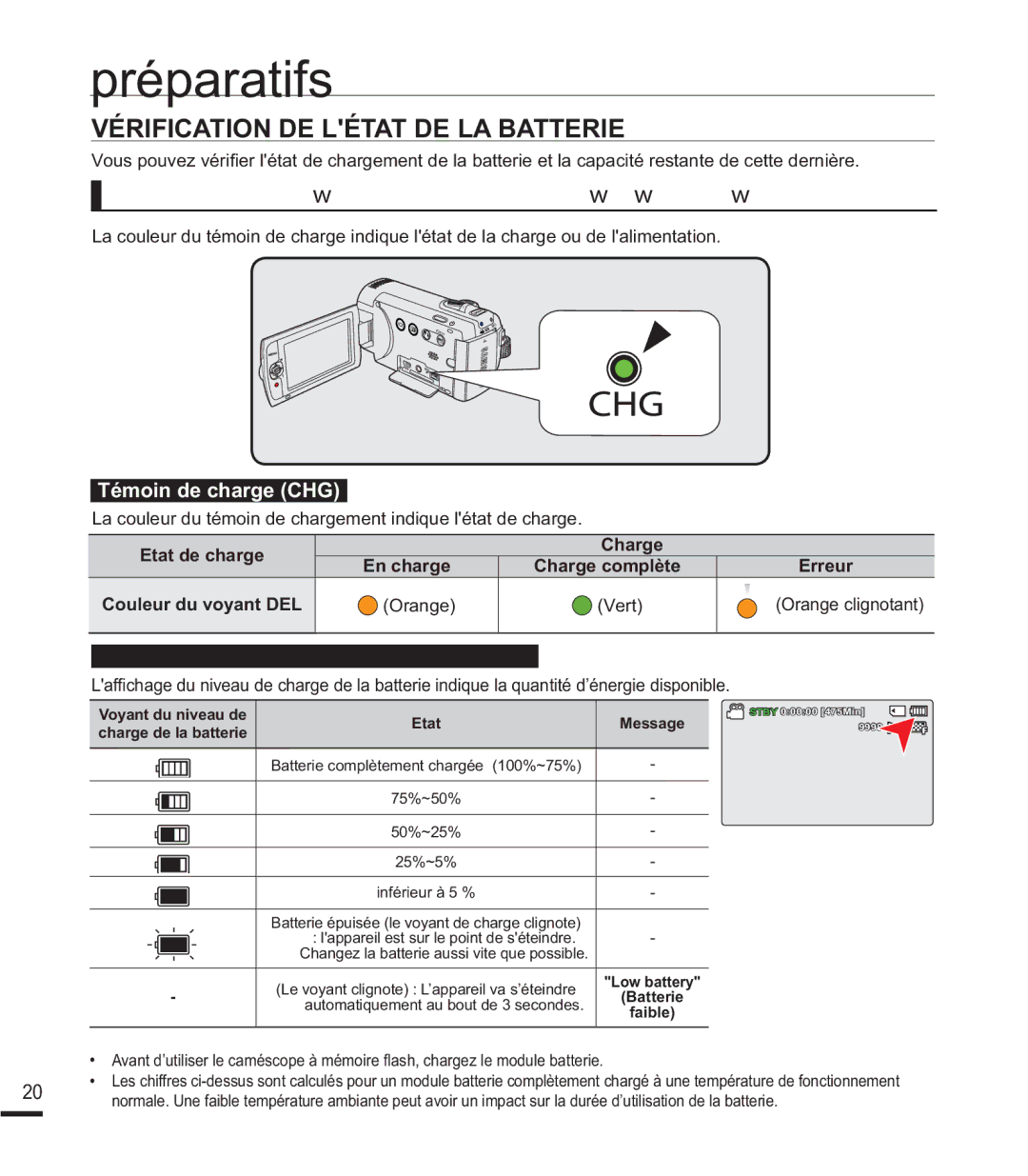 Samsung SMX-F44BP/EDC manual Vérification DE Létat DE LA Batterie, 9pUL¿FDWLRQGHO¶pWDWDFWXHOGHODFKDUJH, 9HUW 