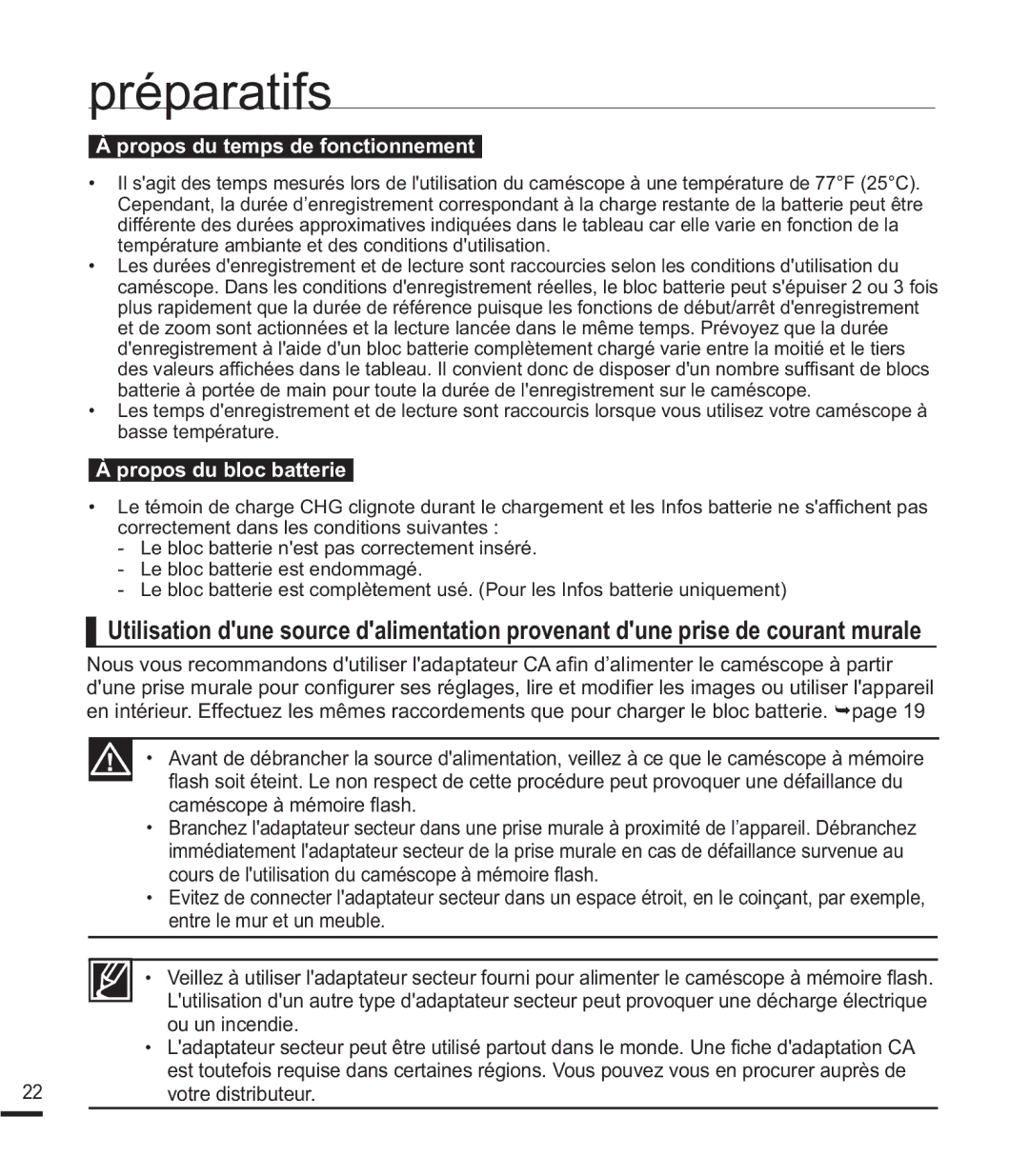 Samsung SMX-F40RP/EDC manual Propos du temps de fonctionnement, Propos du bloc batterie, HqwuhOhPxuHwXqPhxeoh 