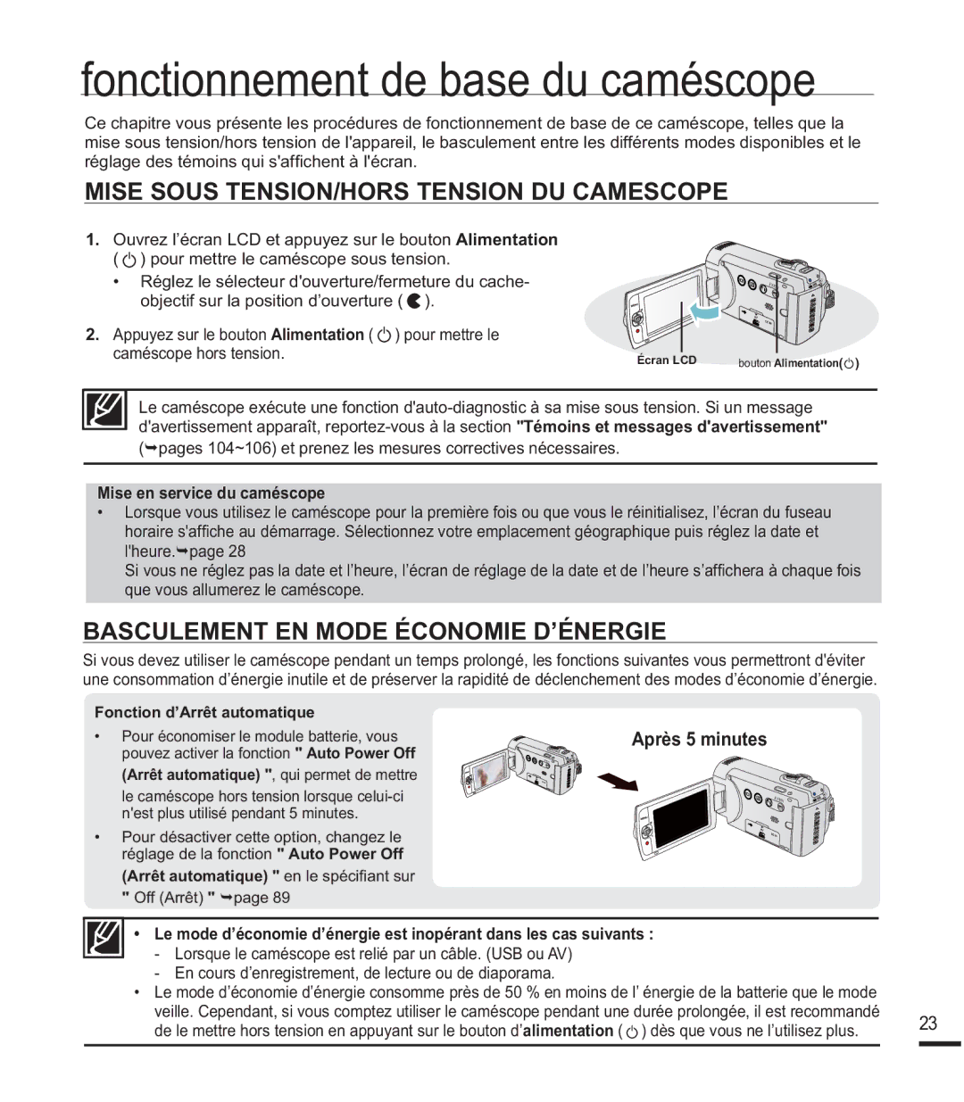 Samsung SMX-F40BP/EDC Mise Sous TENSION/HORS Tension DU Camescope, Basculement EN Mode Économie D’ÉNERGIE, Après 5 minutes 