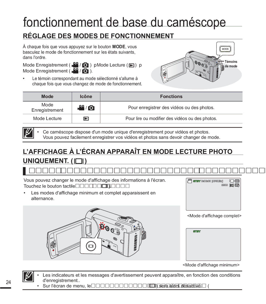 Samsung SMX-K40BP/EDC Réglage DES Modes DE Fonctionnement, ’AFFICHAGE À L’ÉCRAN Apparaît EN Mode Lecture Photo, Uniquement 