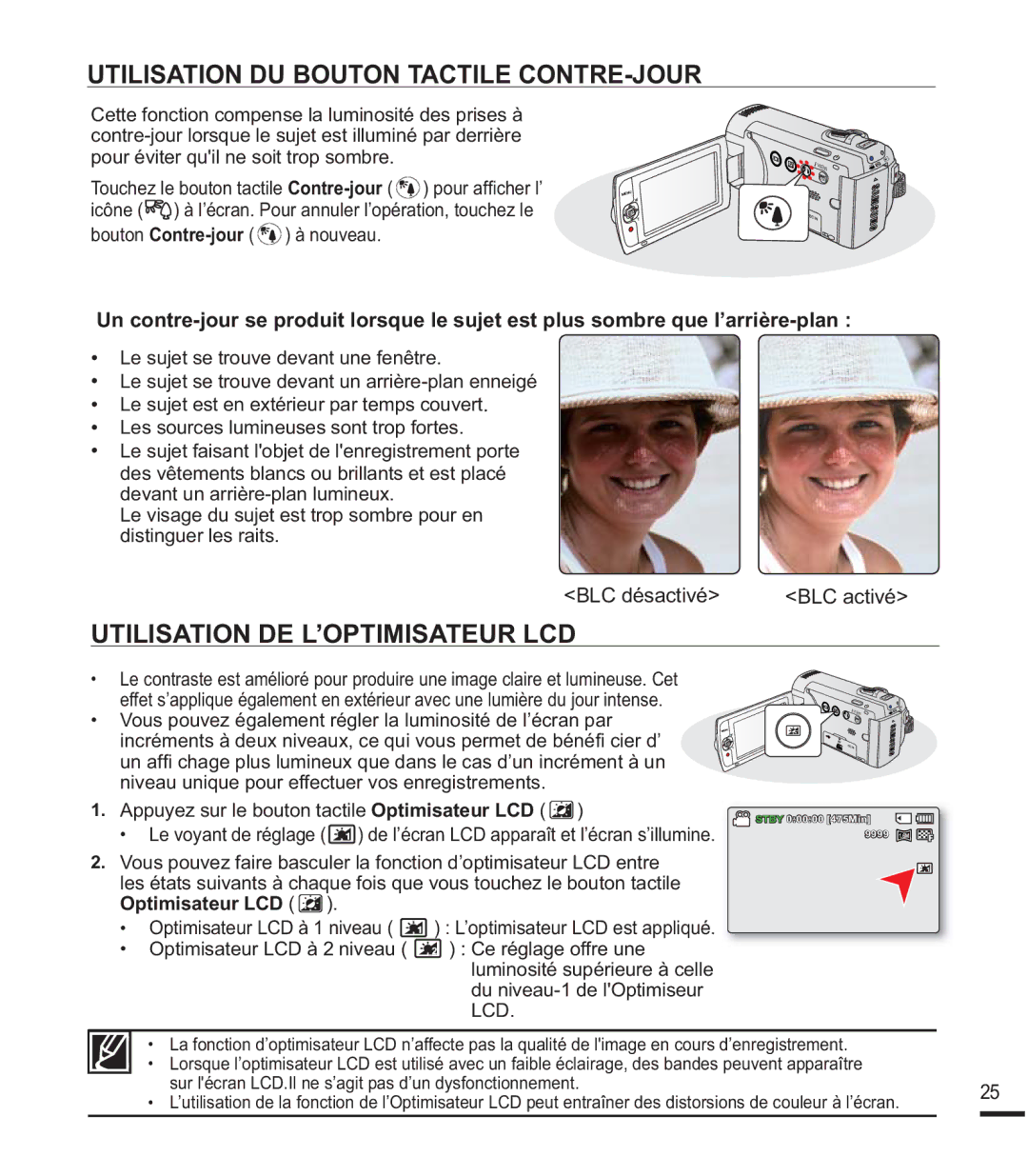 Samsung SMX-F400SP/EDC, SMX-F40SP/EDC manual Utilisation DU Bouton Tactile CONTRE-JOUR, Utilisation DE L’OPTIMISATEUR LCD 