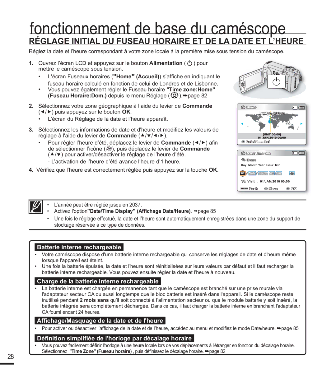 Samsung SMX-K40SP/EDC, SMX-F40SP/EDC, SMX-F400BP/EDC manual Réglage Initial DU Fuseau Horaire ET DE LA Date ET L’HEURE 