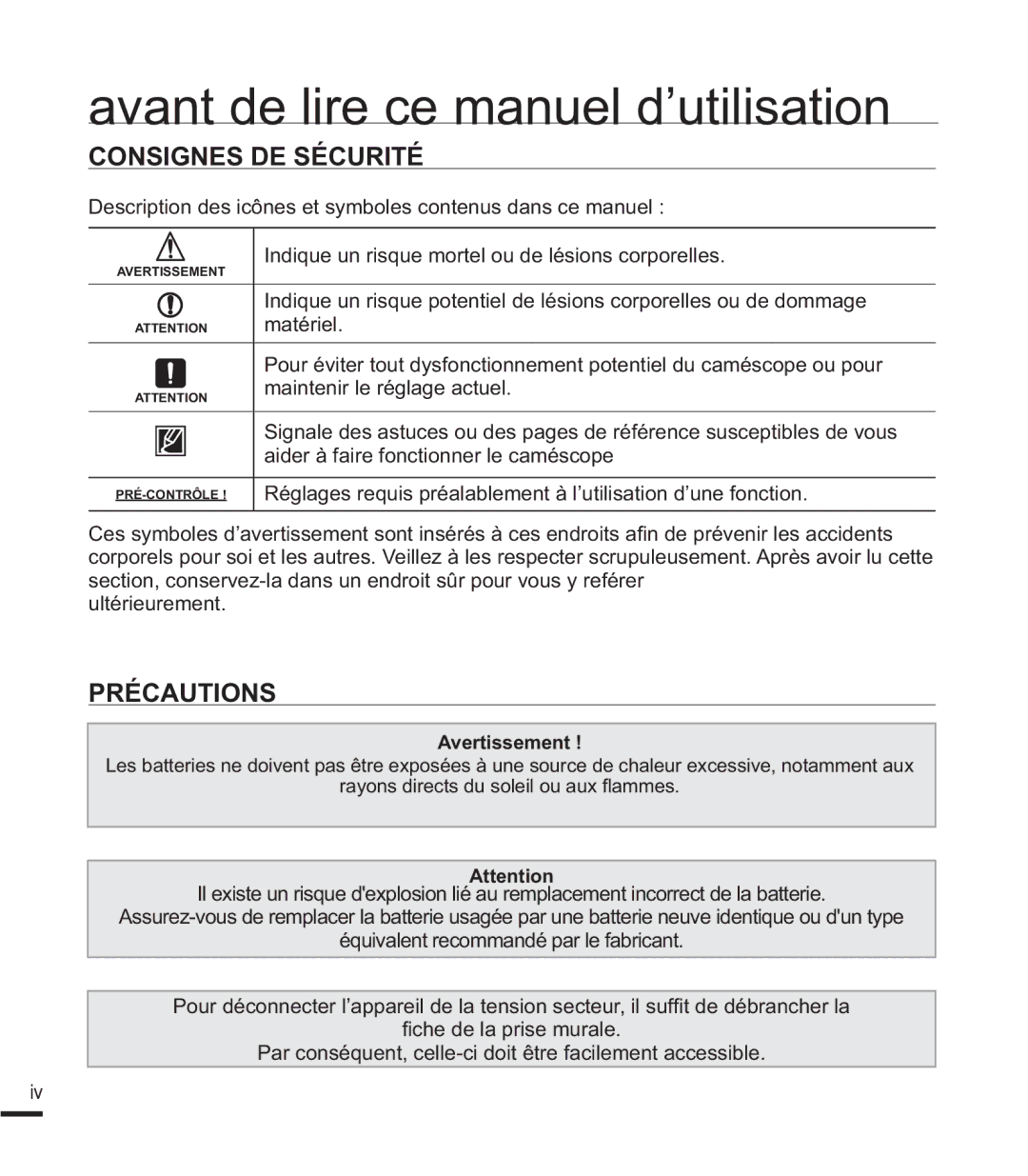 Samsung SMX-F400RP/EDC Consignes DE Sécurité, Précautions, HvfulswlrqGhvLfqhvHwV\PerohvFrqwhqxvGdqvFhPdqxho 