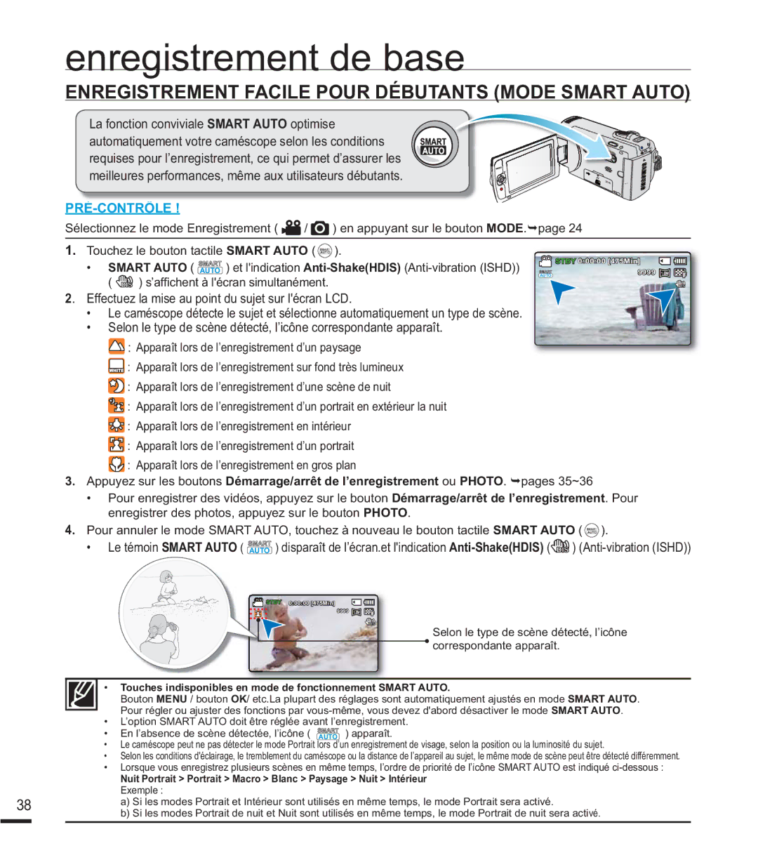 Samsung SMX-F40SP/EDC Enregistrement Facile Pour Débutants Mode Smart Auto, 7RXFKHOHERXWRQWDFWLOH Smart AUTO Auto  