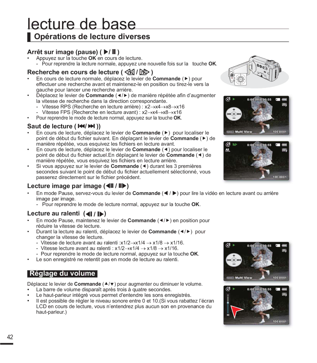 Samsung SMX-F400RP/EDC, SMX-F40SP/EDC, SMX-F400BP/EDC, SMX-K40SP/EDC, SMX-F40LP/EDC manual Opérations de lecture diverses 