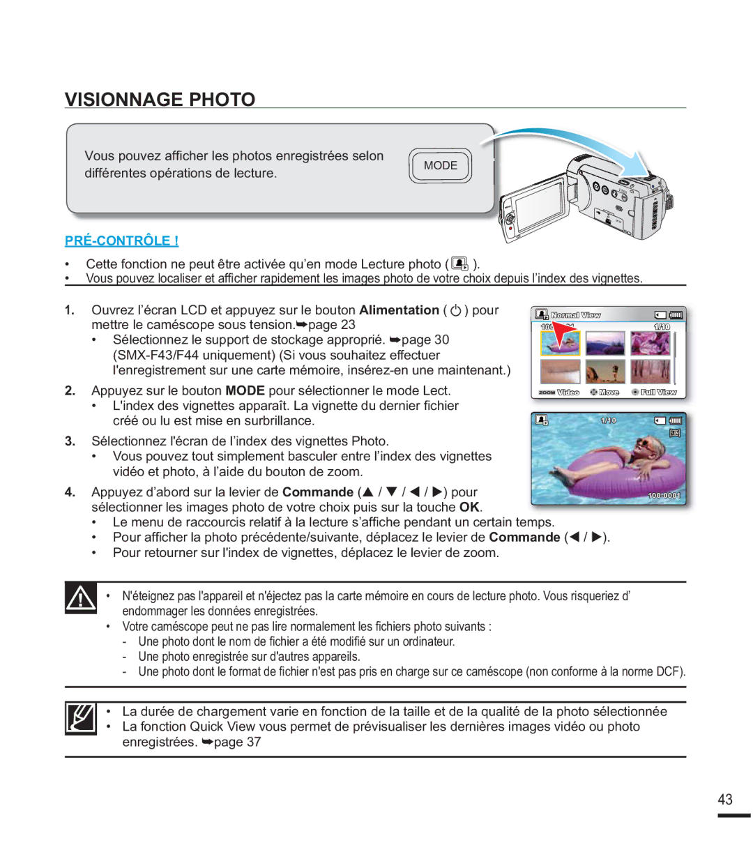 Samsung SMX-F44SP/EDC manual Visionnage Photo, YLGpRHWSKRWRjO¶DLGHGXERXWRQGHRRP, HQUHJLVWUpHV²SDJH, Mode 