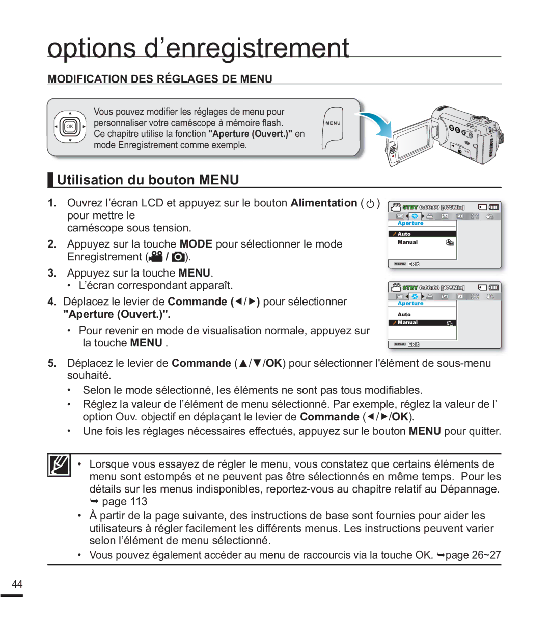 Samsung SMX-F44BP/EDC manual Utilisation du bouton Menu, $Ssx\HVxuOdWrxfkhMenu, ¶pFUDQFRUUHVSRQGDQWDSSDUDvW 