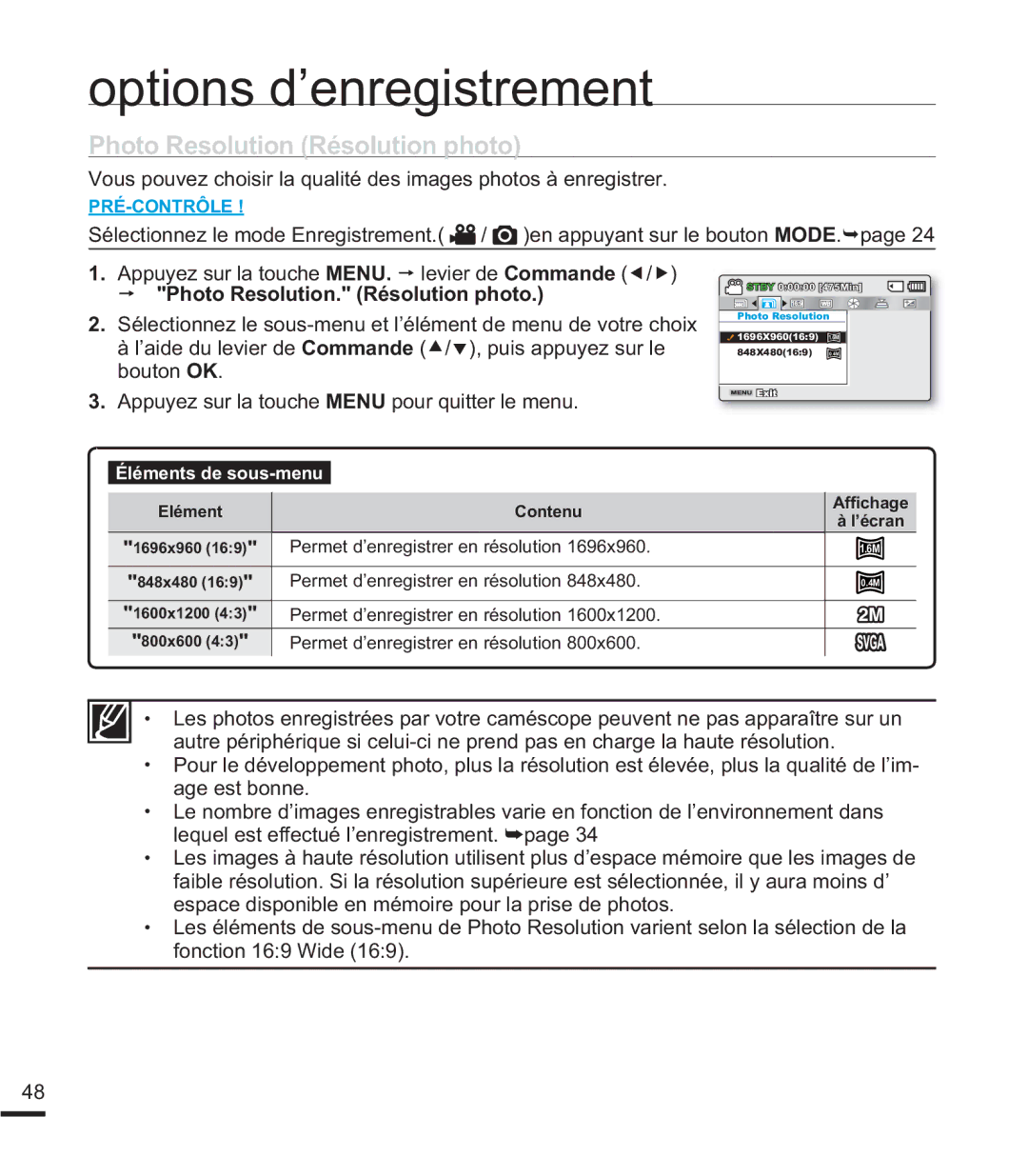 Samsung SMX-K40BP/EDC manual $SSX\HVXUODWRXFKH MENU. p levier de Commandee/f, Photo Resolution. Résolution photo 