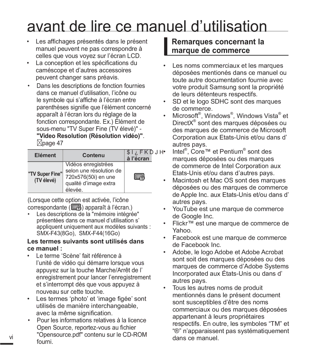 Samsung SMX-F44BP/EDC manual Remarques concernant la marque de commerce, Les termes suivants sont utilisés dans ce manuel 