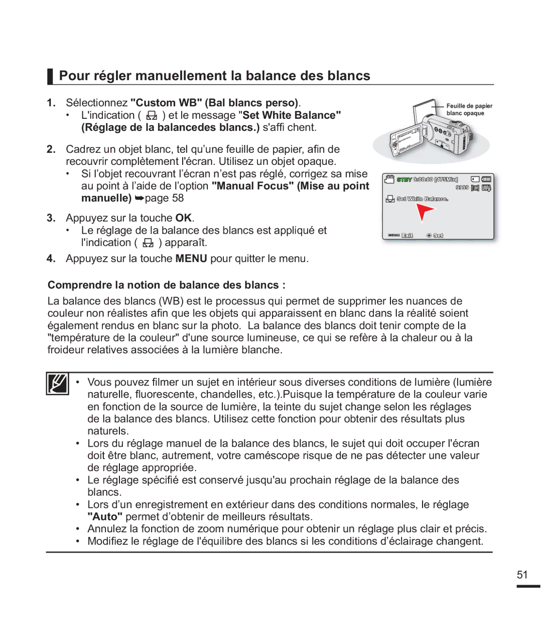 Samsung SMX-F400BP/EDC manual Pour régler manuellement la balance des blancs,  6pOHFWLRQQHCustom WB Bal blancs perso 