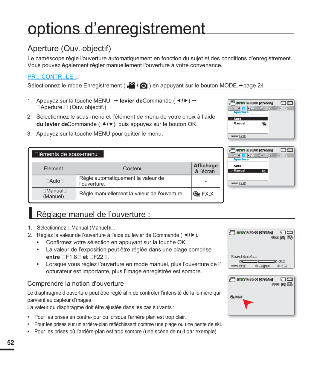 Samsung SMX-K40SP/EDC manual Aperture Ouv. objectif, Réglage manuel de l’ouverture, Comprendre la notion douverture 