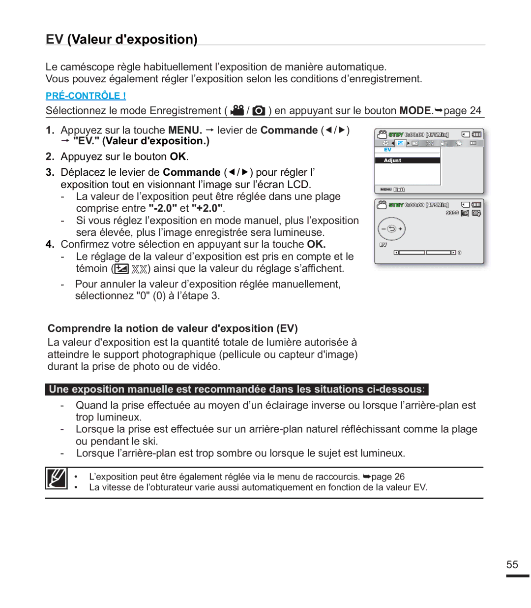 Samsung SMX-F44SP/EDC, SMX-F40SP/EDC Comprendre la notion de valeur dexposition EV, GXUDQWODSULVHGHSKRWRRXGHYLGpR 