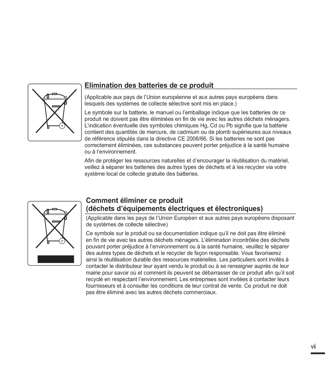 Samsung SMX-F44BP/MEA, SMX-F40SP/EDC, SMX-F400BP/EDC, SMX-K40SP/EDC manual Elimination des batteries de ce produit, Vii 