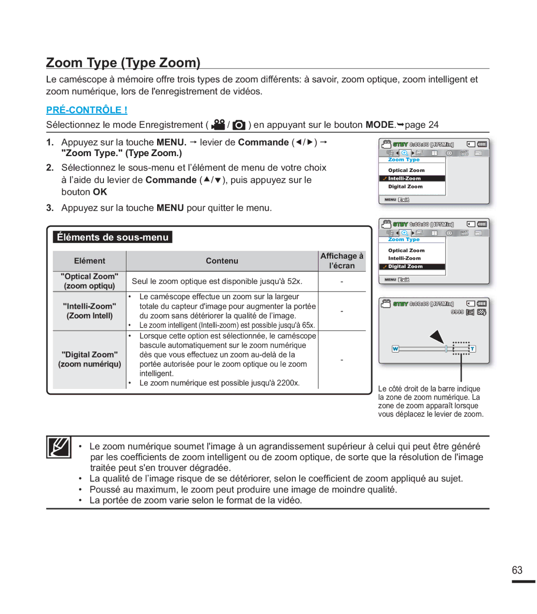 Samsung SMX-F400BP/EDC manual Zoom Type Type Zoom, RRPQXPpULTXHORUVGHO HQUHJLVWUHPHQWGHYLGpRV, Zoom Type. Type Zoom 