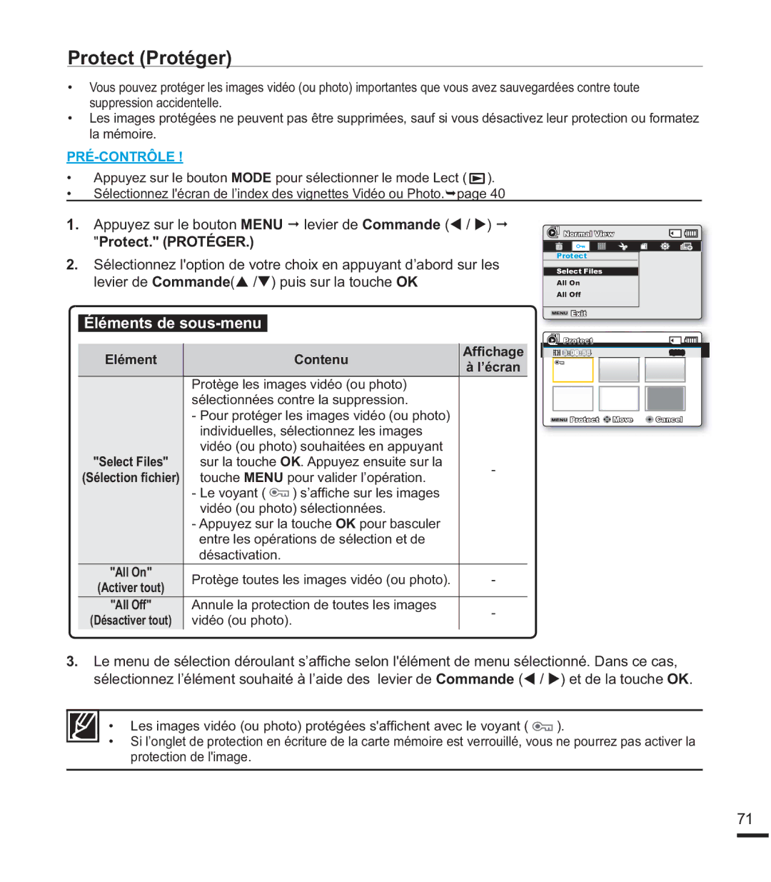 Samsung SMX-F40BP/EDC, SMX-F40SP/EDC manual Protect Protéger, All On, Activer tout, Désactiver tout YLGpRRXSKRWR 