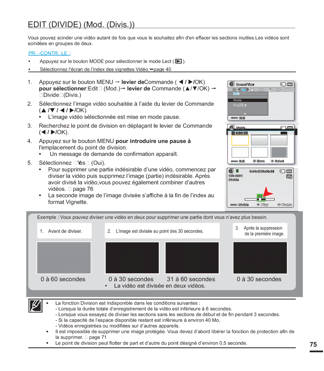 Samsung SMX-F400BP/EDC, SMX-F40SP/EDC manual Edit Divide Mod. Divis, secondes 30 secondes 31 à 60 secondes, DivideDivis 