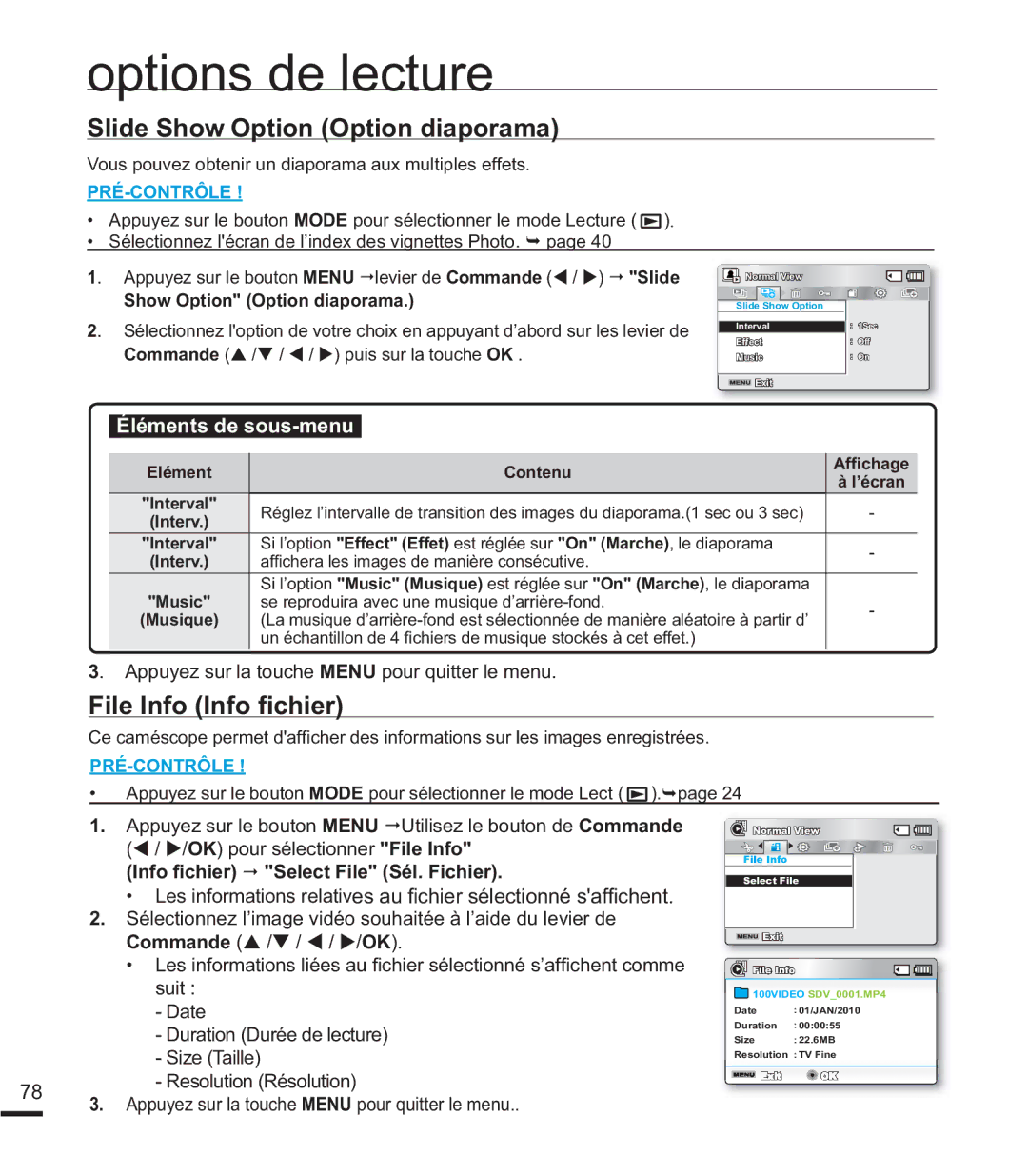 Samsung SMX-F400RP/EDC manual Slide Show Option Option diaporama, Loh,Qir,Qir¿Fklhu, CommandeS /T / W / X/OK 