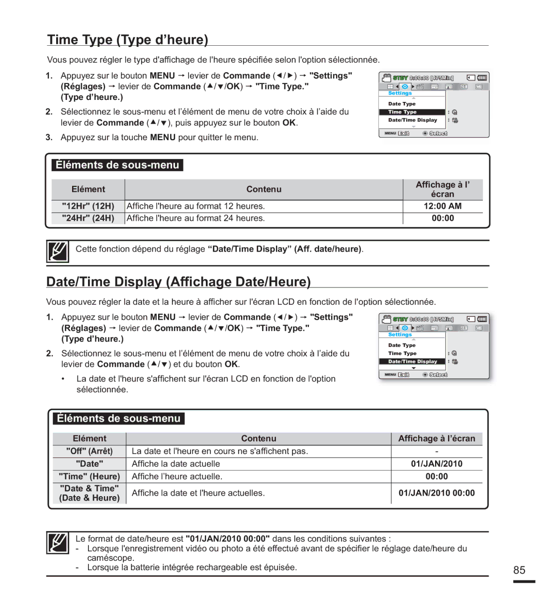 Samsung SMX-F400SP/EDC, SMX-F40SP/EDC, SMX-F400BP/EDC manual Time Type Type d’heure, DWH7LPHLVSOD\$I¿FKDJHDWH+HXUH 