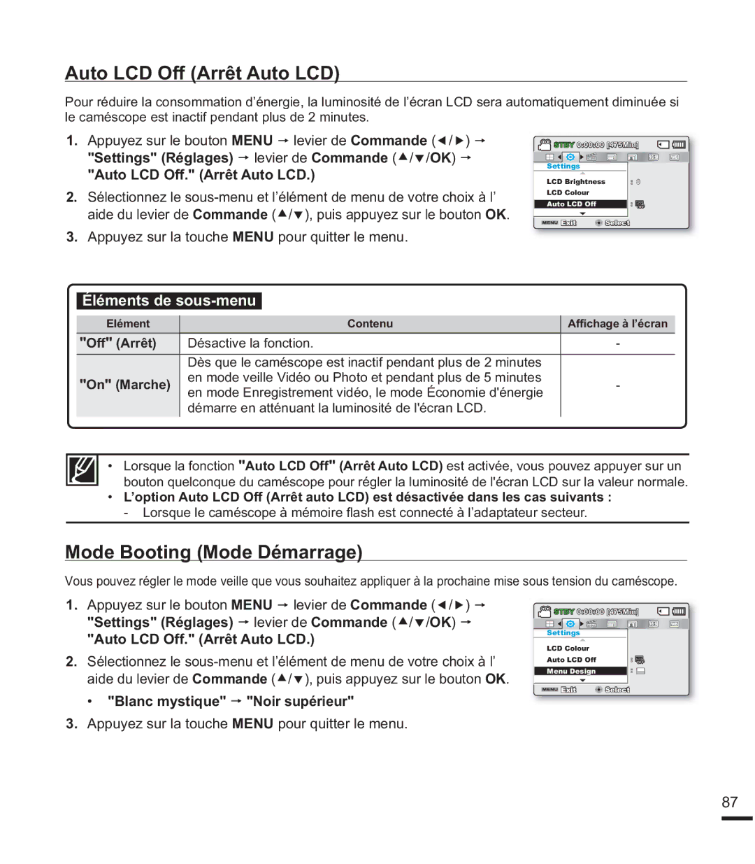 Samsung SMX-F400BP/EDC manual Auto LCD Off Arrêt Auto LCD, Mode Booting Mode Démarrage, Blanc mystique p Noir supérieur 