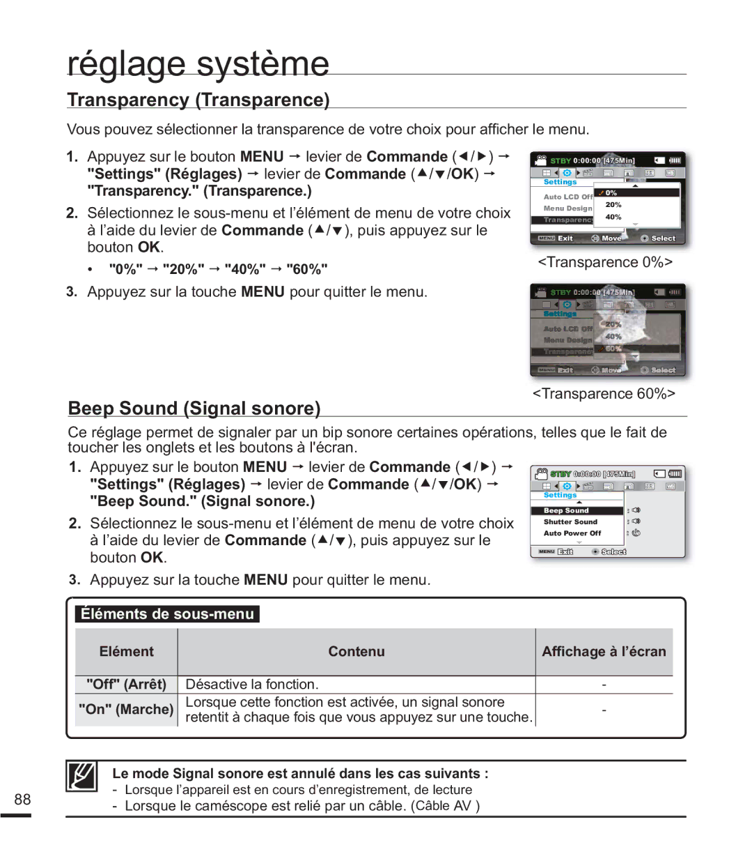Samsung SMX-K40SP/EDC, SMX-F40SP/EDC manual Transparency Transparence, Beep Sound Signal sonore, Beep Sound. Signal sonore 