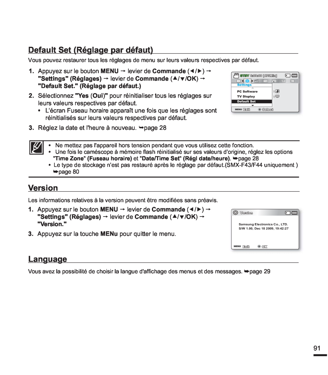 Samsung SMX-F44SP/EDC Default Set Réglage par défaut, Version, Language, Settings Réglages p levier de Commandec/d/OKp 