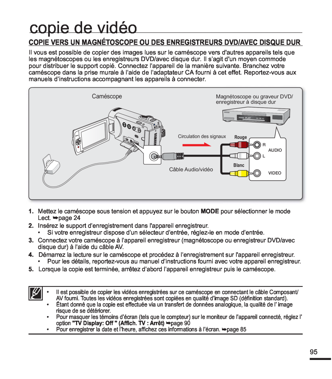 Samsung SMX-F40BP/EDC manual copie de vidéo, Copie Vers Un Magnétoscope Ou Des Enregistreurs Dvd/Avec Disque Dur, Blanc 