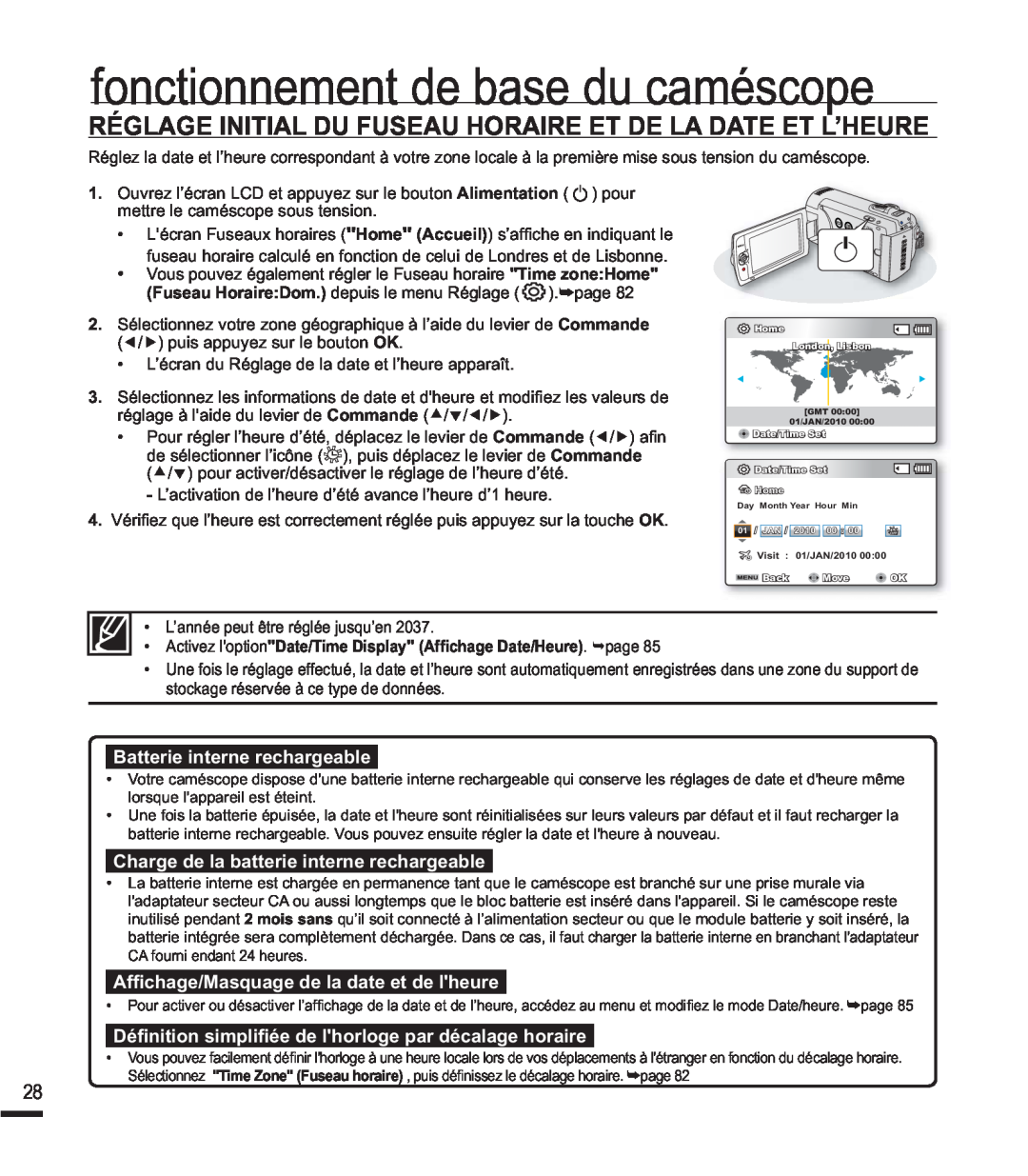 Samsung SMX-K40SP/EDC Réglage Initial Du Fuseau Horaire Et De La Date Et L’Heure, IRQFWLRQQHPHQWGHEDVHGXFDPpVFRSH 