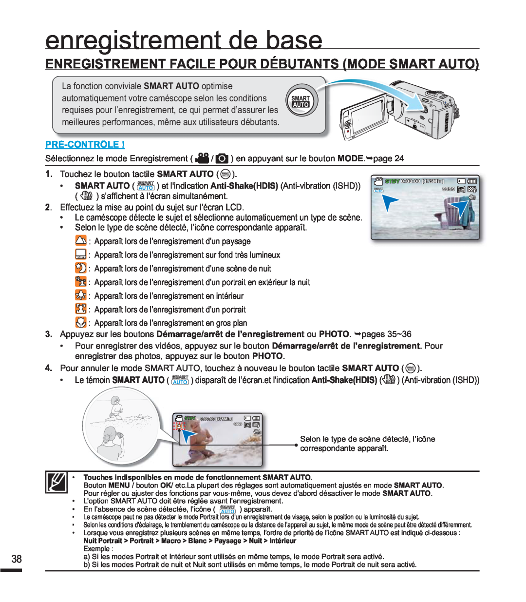 Samsung SMX-F40SP/EDC manual Enregistrement Facile Pour Débutants Mode Smart Auto, HquhjlvwuhphqwGhEdvh, Pré-Contrôle 
