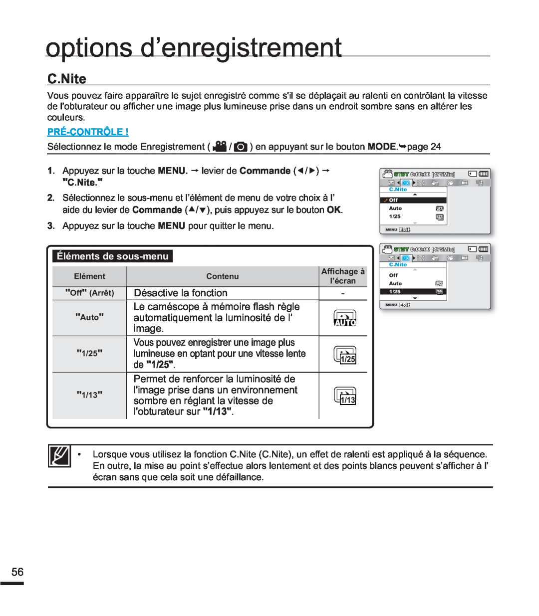 Samsung SMX-F44BP/EDC C.Nite, RswlrqvG¶Hquhjlvwuhphqw, Éléments de sous-menu, Désactive la fonction, Lpdjh, Frxohxuv 