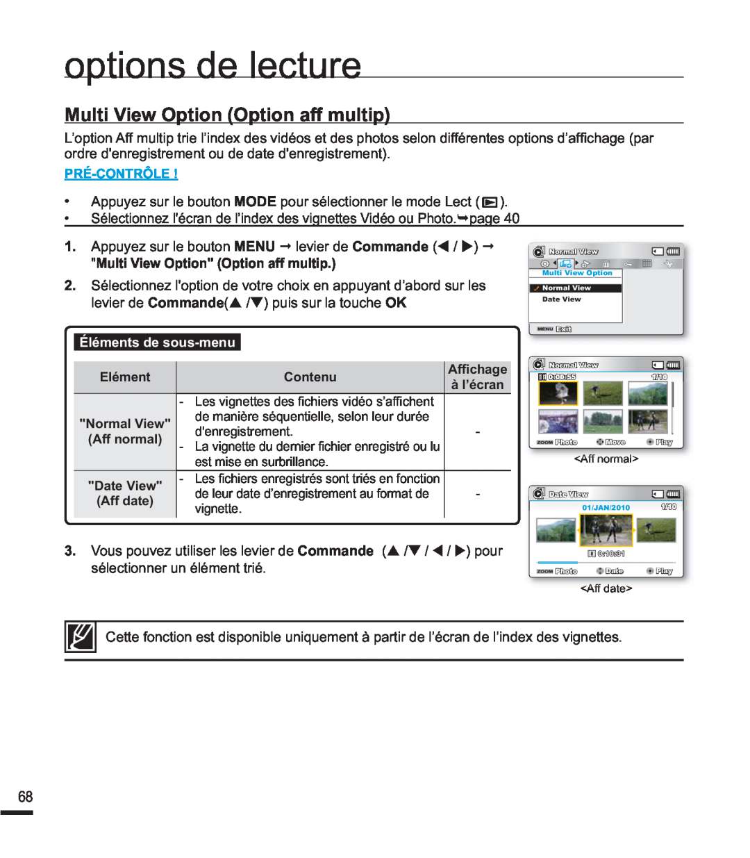 Samsung SMX-F44BP/EDC manual Multi View Option Option aff multip, options de lecture, Éléments de sous-menu, Pré-Contrôle 