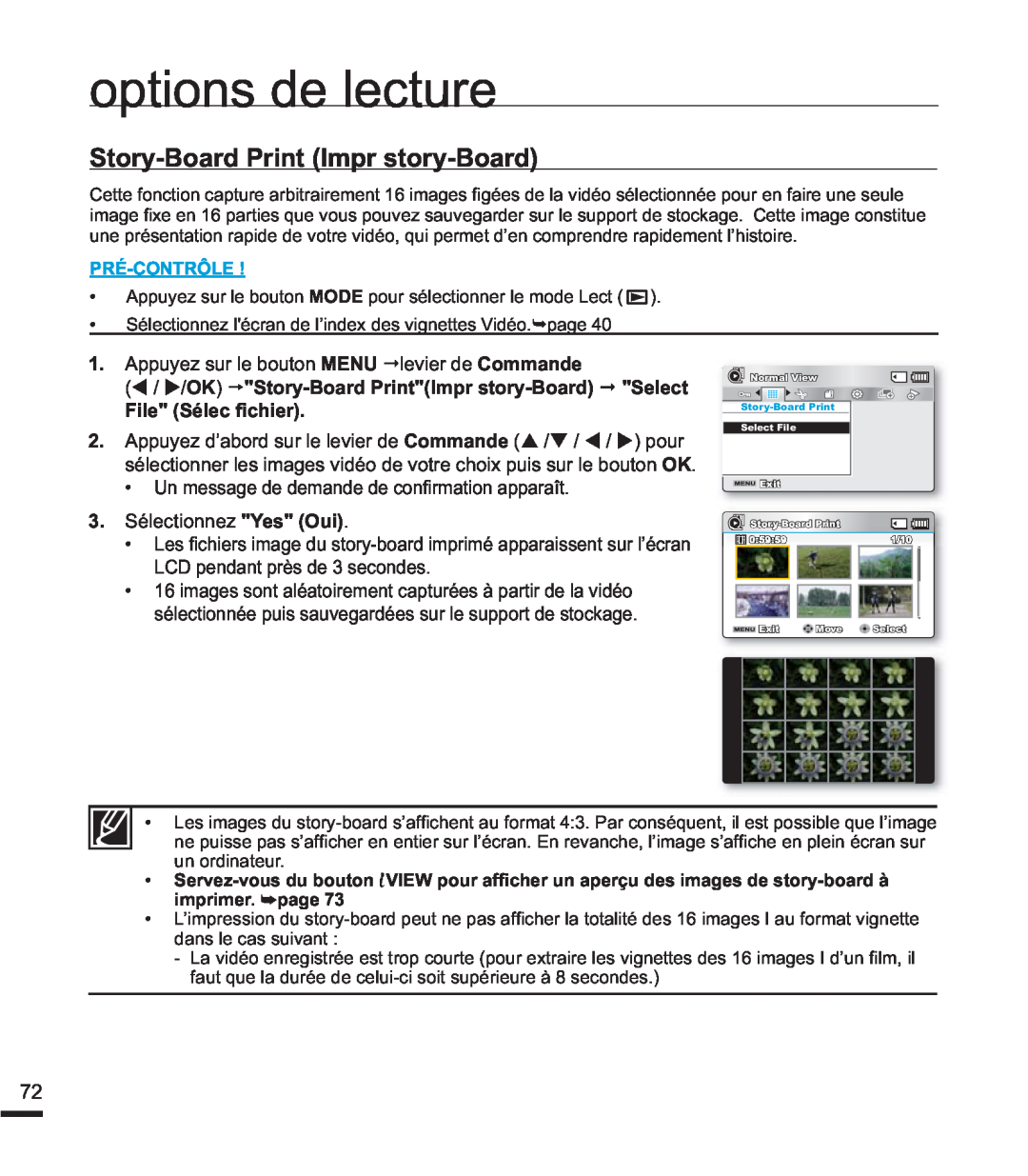 Samsung SMX-K40BP/EDC manual Story-Board Print Impr story-Board, options de lecture, 3. 6pOHFWLRQQHYes Oui, Pré-Contrôle 