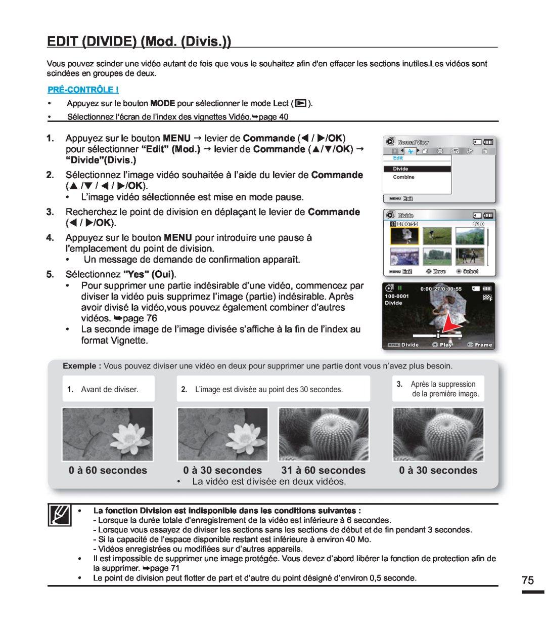 Samsung SMX-F400BP/EDC manual EDIT DIVIDE Mod. Divis, 0 à 60 secondes, 0 à 30 secondes, 31 à 60 secondes, “Divide”Divis 