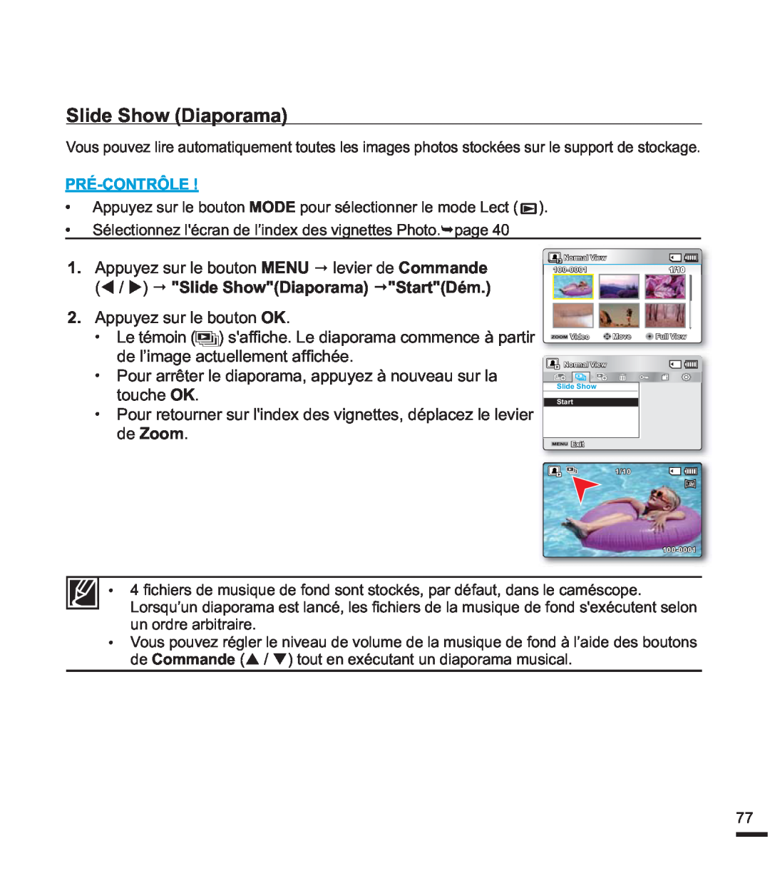 Samsung SMX-F40LP/EDC manual Slide Show Diaporama, 6pOHFWLRQQHO pFUDQGHO¶LQGHGHVYLJQHWWHV3KRWR¬SDJH, Pré-Contrôle 
