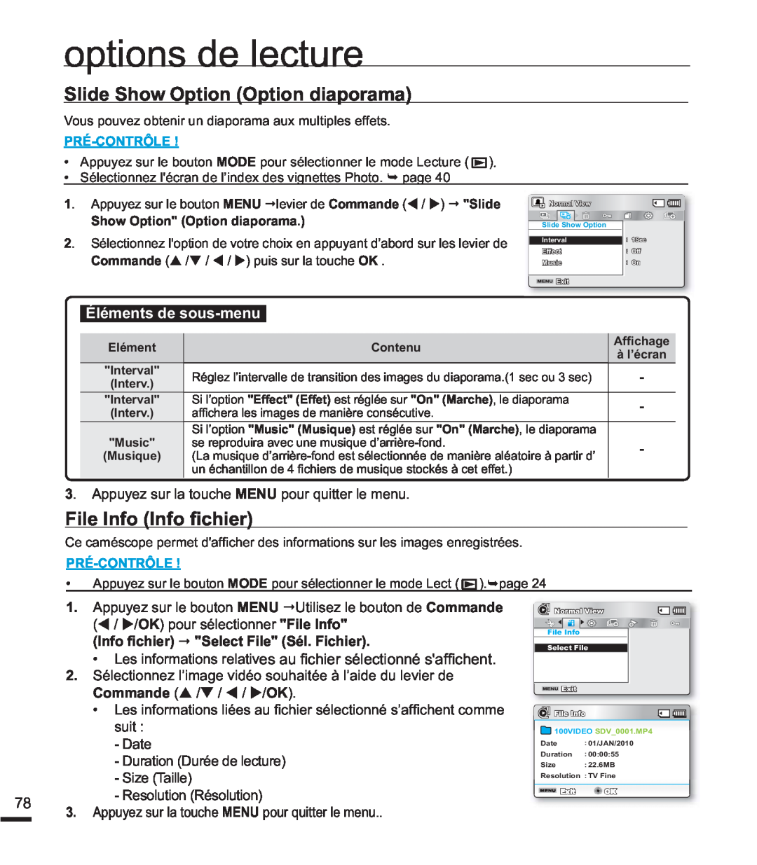 Samsung SMX-F400RP/EDC manual Slide Show Option Option diaporama, Loh,Qir,Qir¿Fklhu, options de lecture, Pré-Contrôle 