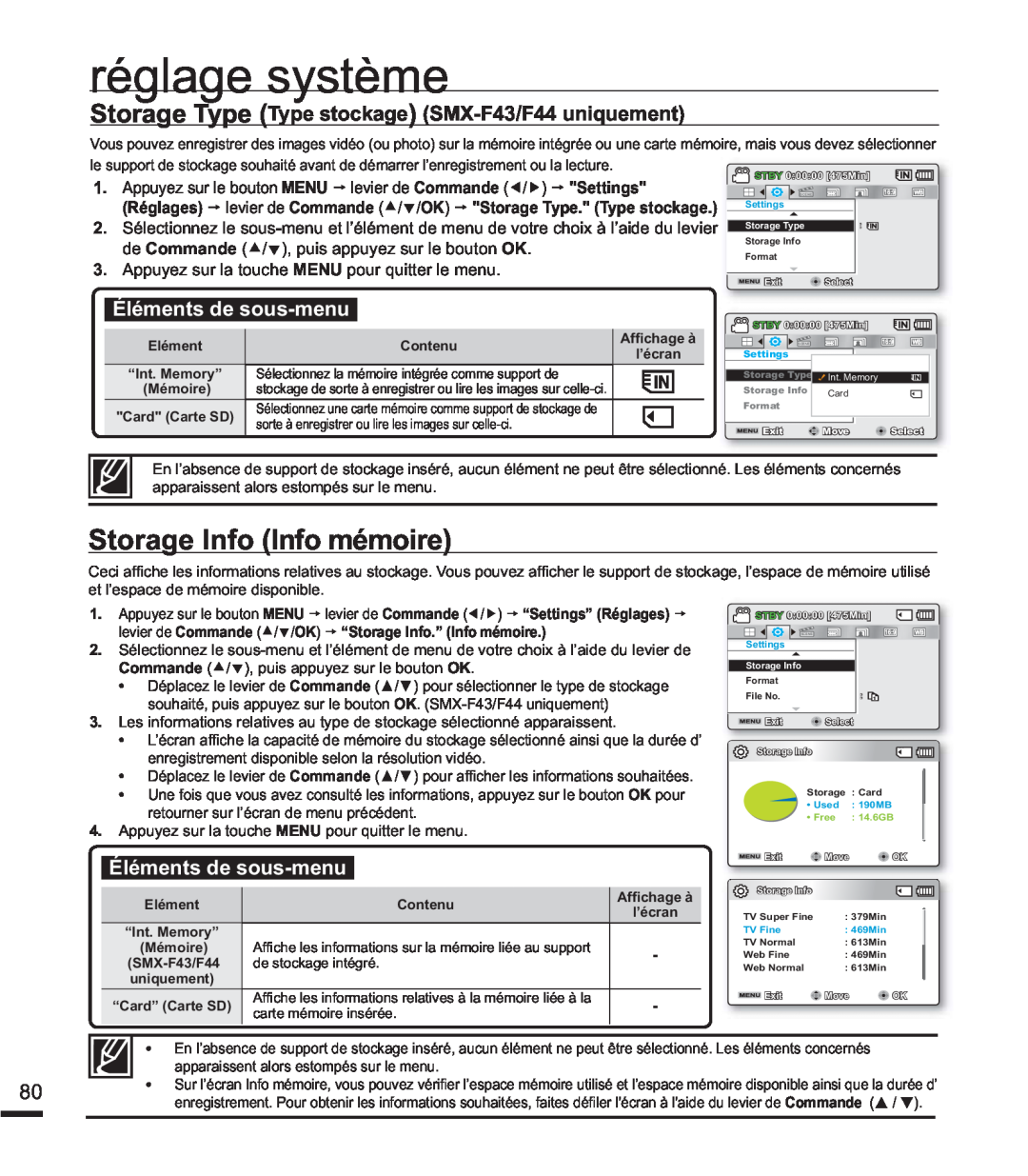 Samsung SMX-F44BP/EDC manual UpJODJHV\VWqPH, Storage Info Info mémoire, Storage Type Type stockage SMX-F43/F44 uniquement 