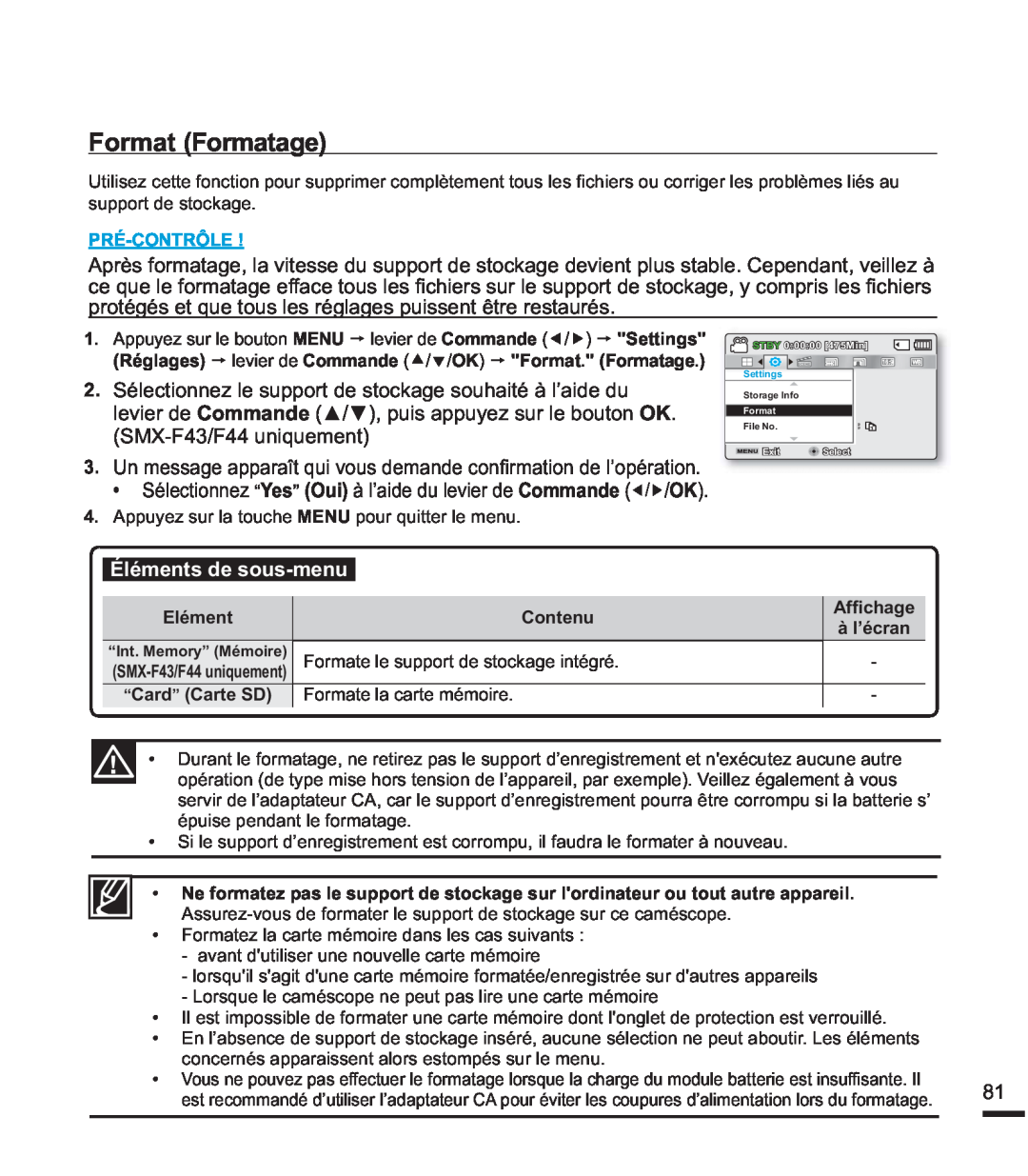 Samsung SMX-F44BP/MEA manual Format Formatage, Éléments de sous-menu, VxssruwGhVwrfndjh, Pré-Contrôle, Elément, Contenu 