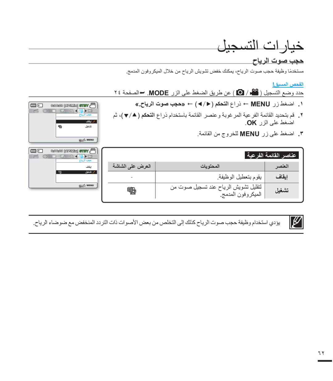 Samsung SMX-F40BP/SAH manual OKέΰϟϰϠϋςϐο, ΞϣΪϤϟϥϮϓϭήϜϴϤϟ, «.ΡΎϳήϟΕϮλΐΠΣªe/fϢϜΤΘϟωέΫ MENUέίςϐο .˺ 