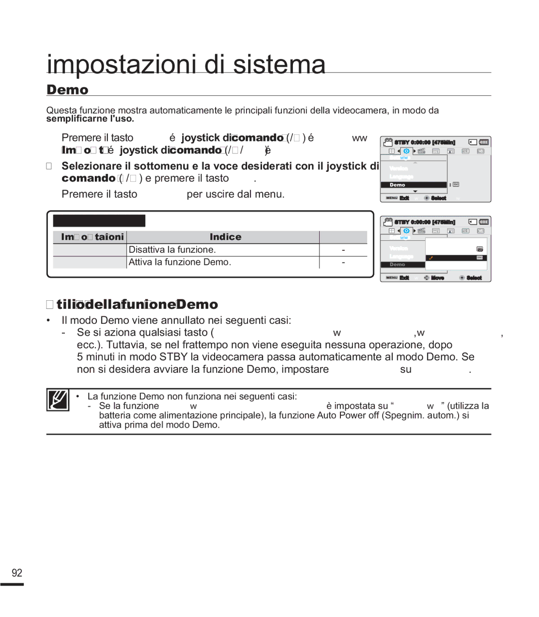 Samsung SMX-F40LP/EDC, SMX-F40SP/EDC manual Utilizzo della funzione Demo, Il modo Demo viene annullato nei seguenti casi 