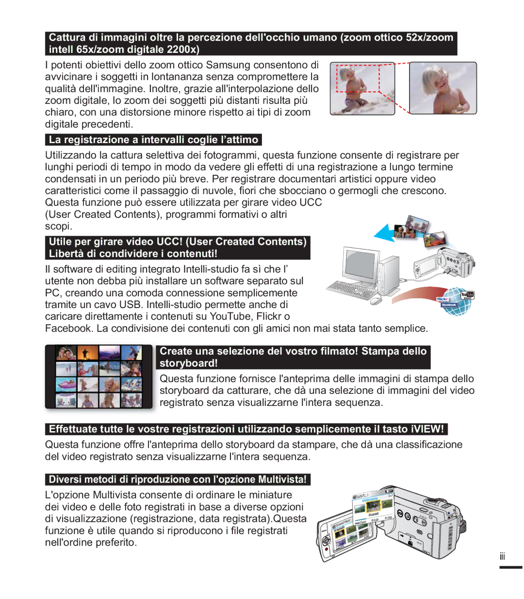 Samsung SMX-F44BP/EDC, SMX-F40SP/EDC, SMX-K40SP/EDC manual User Created Contents, programmi formativi o altri scopi, Iii 